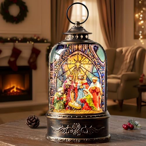 Christmas Snow Globe Swirling Glittering Nativity Scene with Music