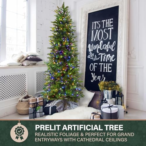 9 Ft. Carmel Pine Slim Artificial Christmas Tree with Dual Multicolor & Warm White LED Lights and Stand