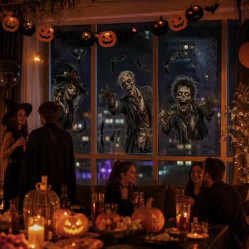 Halloween Window Clings PVC Witch Zombie Bat Window Decals Stickers Spooky Horror Glass Wall Decor Stickers for Halloween Party Supplies Home Glass Decorations