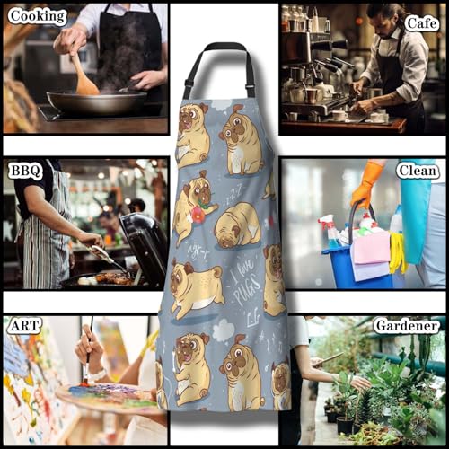 Paint Apron for Men Pug Puppies Dog Cartoon Bull Terrier Funny Aprons for Women for Kitchen Cooking Restaurant BBQ Painting Crafting Gardening 27”