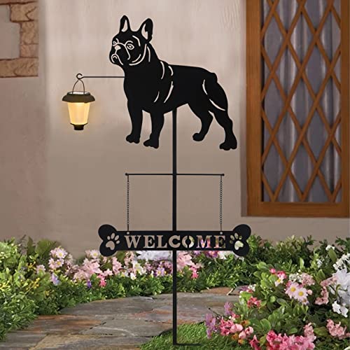 Solar French Bulldog Dog Breed Silhouette Welcome Sign with a Lantern
