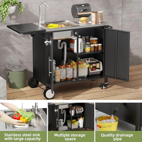 Outdoor Grill Table with Sink & Foldable Worktop