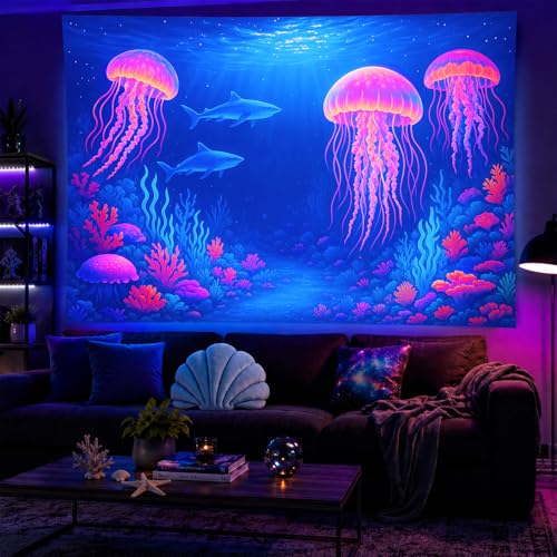 Blacklight Tapestry Jellyfish Shark Wall Art 78 x 59 Inch