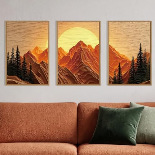 Large Boho Golden Mountain Framed Canvas Wall Art Set