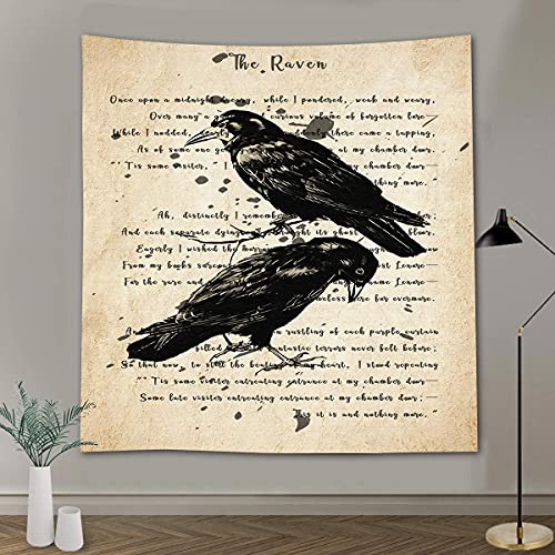 Raven Tapestry Gothic Skull and Raven Dictionary Tapestry Rustic Room Mural Posters 51x60 Inches for Living Room Bedroom Home Dorm