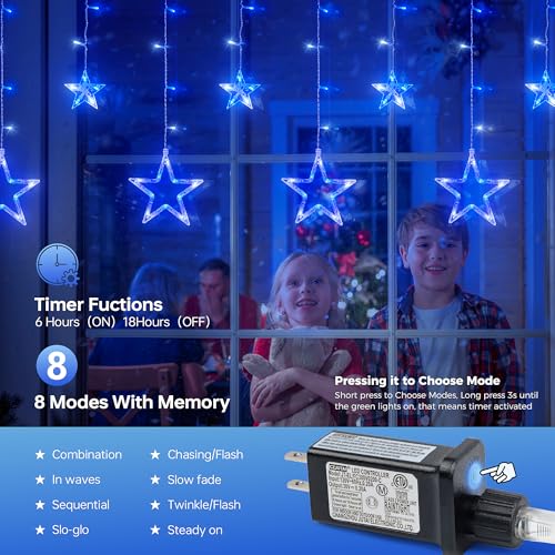 8.2FT 126L Blue White Christmas Star Icicle Curtain Lights Indoor (126 Count)