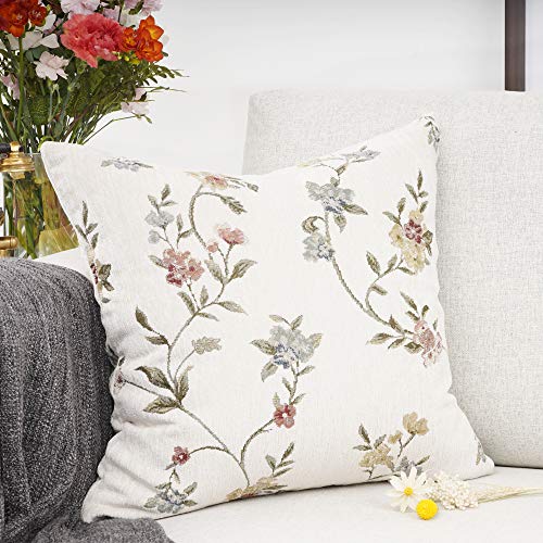 Embroidery Jacquard White Floral Leaf Pattern Square Decorative Throw Pillow Case Cushion Cover