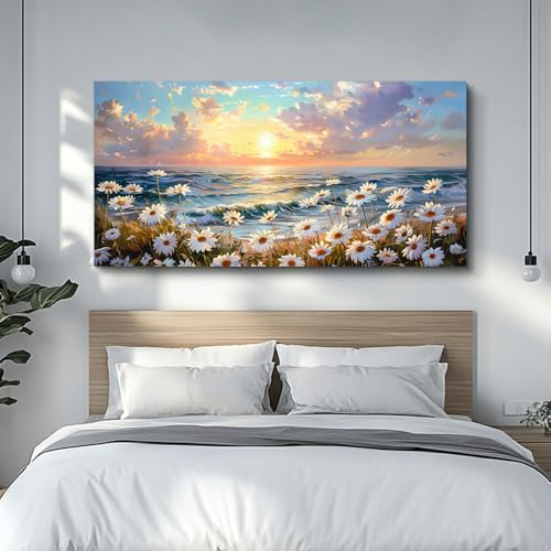 Large Canvas Wall Art For Living Room Bedroom Wall Decor Office Beach With Waves Landscape Painting White Flowers Painting Bathroom Dining Room Artwork Picture Home Decoration 20x40 In