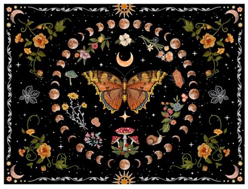 Orange Butterfly Moon Flower Tapestry Botanical Floral Plant Boho Tapestry for Bedroom Aesthetic Vintage Tapestries Wall Hanging for Living Room Dorm