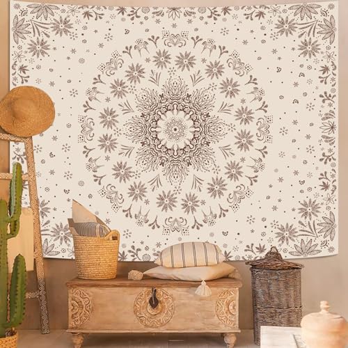Boho Floral Mandala Tapestry Wall Hanging Bohemian Flower Medallion Tapestry Aesthetic Beige Brown Hippie Indian Small Tapestries for Bedroom Living Room Dorm Decor 80 x 60 Inch