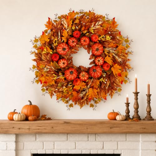 28 Inch Fall Wreath for Front Door Outside Large Artificial Autumn Wreath with Orange Red Pumpkins Maple Leaves Berries Fall Decoration for Home Farmhouse Door Wreath for Harvest Thanksgiving
