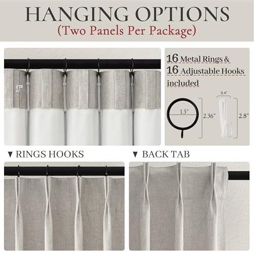 Natural Melange Taupe Blackout Curtains 108 Inch Extra Long Linen Viral Curtain with Pinch Pleat Clips&Hooks