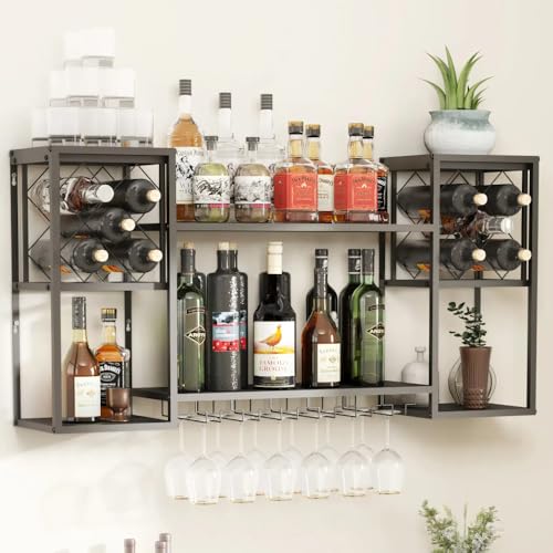Wall Mounted Wine Rack with Glass Holder for Home Bar Storage