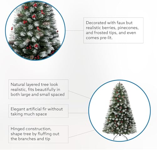 7 5ft Snow Flocked Christmas Tree with Lights Realistic Spruce Christmas Tree with Pine Cones Berries Foot Pedal 1346 Branch Tips 550 Warm Lights and Metal Stand Pre Lit Xmas