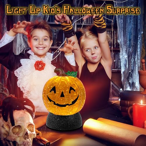 Halloween Snow Globe Lantern Pumpkin Lighted Halloween Snow Globes Battery Operated or USB Powered with 6H Timer Musical Snow Globe Glitter for Spooky Party Home Table Decorations