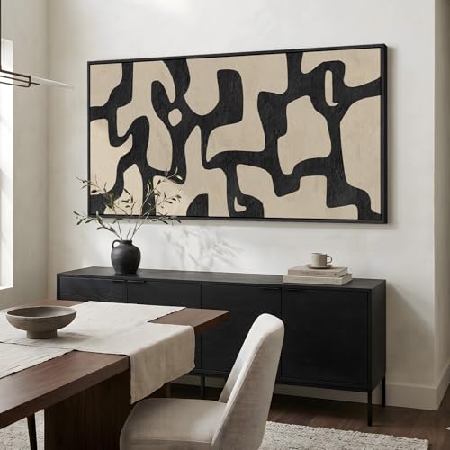 Large Framed Black and Beige Neutral Abstract Wall Art