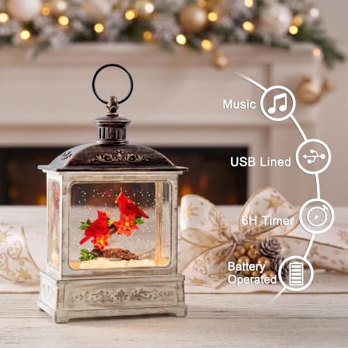 Christmas Snow Globe Water Glittering Cardinal Scene with Music & Timer
