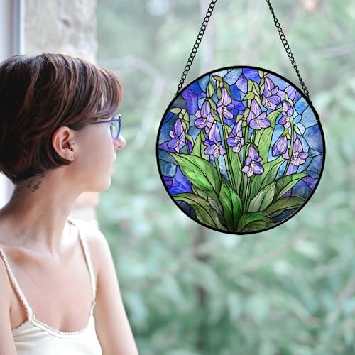 Stained Glass Window Hanging Suncatcher Purple Flower Gifts for Women 6.3"