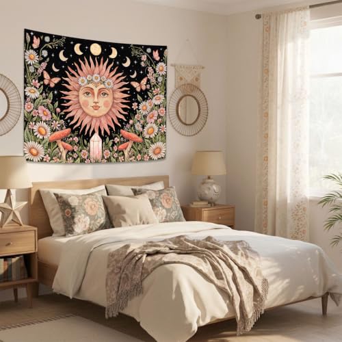 Boho Pink Sun Moon Phase Daisy Flower Floral Tapestry 48 x 36 Inch
