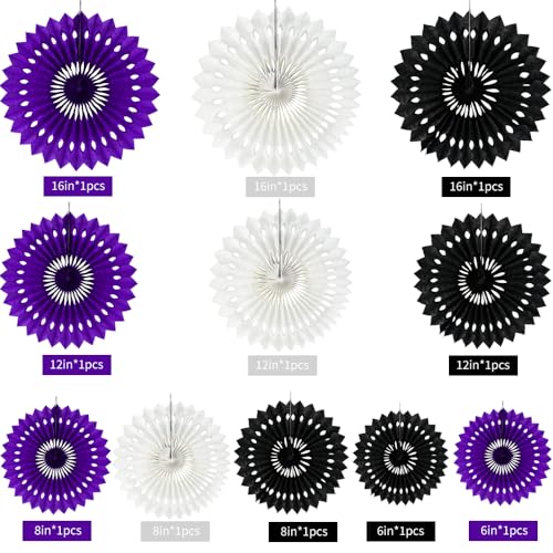 Honeycomb Round Paper Fans Black Purple Hanging Party Decoration (11 Count)