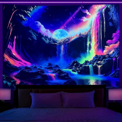 Blacklight Rainbow Waterfall Tapestry 59"x51" UV Reactive Trippy Wall Hanging Rainbow Aesthetic Waterfall Wall Posters Bedroom Spiritual Room Decor
