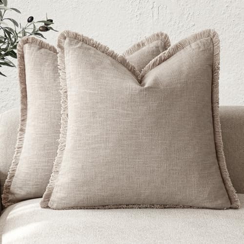 Decorative Linen Fringe Throw Pillow Covers 18×18 Natural Linen (2 Count)