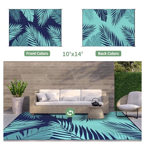 Outdoor Rug Waterproof Plastic Rugs 10'x14' for Camping Blue Green