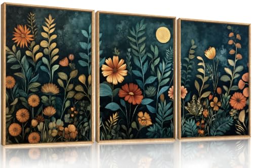 Moody Blue Floral Botanical Framed Canvas Wall Art Set