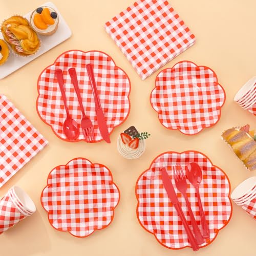 175 Pcs Red Gingham Plates and Napkins Party Supplies