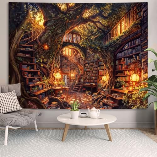 Forest Library Tapestry Tree Bookshelf Tapestries Wall Hanging Vintage Fantasy Fairy Treehouse Book Large Tapestry for Bedroom Living Room Dorm Classroom 80 x 60 inch