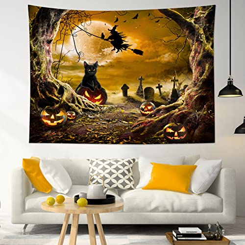Halloween Wall Tapestry Horror Witch Cat and Dead Tree Pumpkin Lights with Spooky Graveyard Tapestry Orange Full Moon over Misty Forest Wall Decor for Bedroom Living Room Dorm 92.5x70.9 Inches