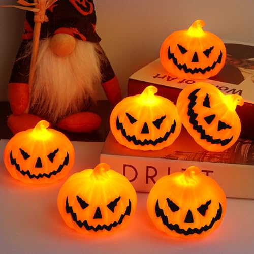 6 Pack Halloween Pumpkin Flameless Candles Battery Operated LED Tealight Candles for Home Room Decorations (6 Count)