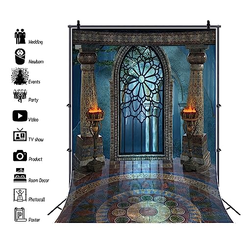4x6ft Medieval Castle Backdrop for Photoshoot Portrait Pillar Torch Gothic Stone Tower Ancient Old Fortress Interior Photography Background Halloween Party Decor Wallpaper Photo Studio Props