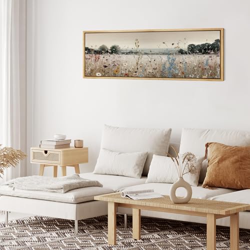 Large Framed Canvas Print Wall Art Wildflower Meadow Landscape Blooming Field Illustrations Antique Retro Fine Art Illustrations Decorative Colorful for Bedroom