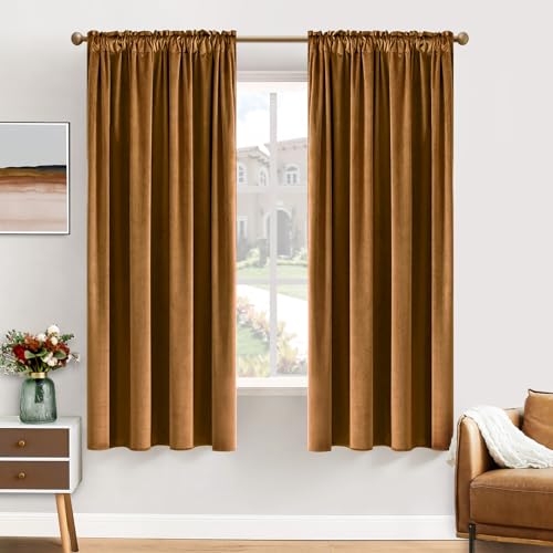 Golden Brown Blackout Velvet Curtains Drapes 63 Inch Long 52"x63" (2 Count)