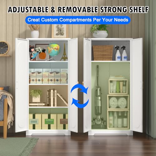 60" White Metal Kitchen Pantry Storage Cabinet with Doors and Shelves