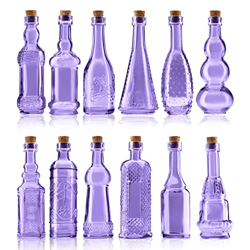 Small Mini Purple Vintage Glass Bottles with Corks (12 Count)