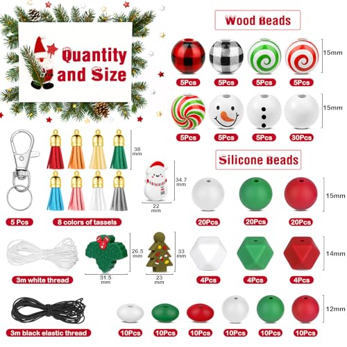 217 PCS Christmas Silicone Beads Bulk 15mm Silicone Beads Xmas Christmas Wooden Beads C y Cane Wood Beads Loose Rubber Beads Abacus Focal Beads Keychain Necklace Making Pens Crafts Ornament