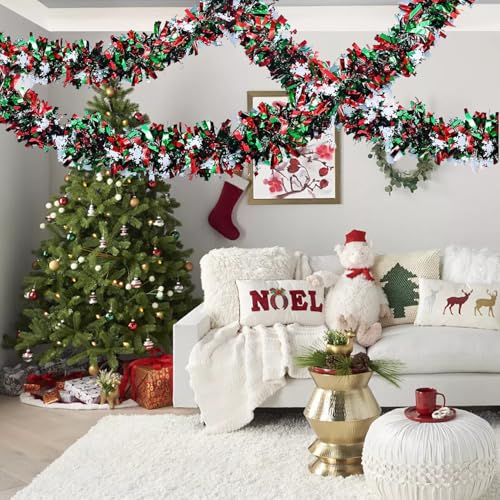50 Feet Green Red Christmas Metallic Tinsel Twist Hanging Garland with Snowflake for Home Mantle Xmas Tree Staircase Railing New Year Holiday Party Indoor Outdoor Decorations (50 Foot)