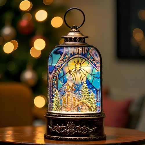 Christmas Snow Globe Lantern Water Glittering Churches & Holy Family with Music& Timer
