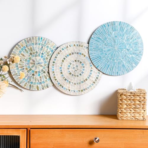 3 Pcs 11.8 Inches Spring Summer Blue Mother of Pearl Shell Plate Coastal Wall Art Mosaic Wall Sculpture Shell Handmade Hanging Plates Arts for Bedroom Bathroom Home Office Hotel (3 Count)