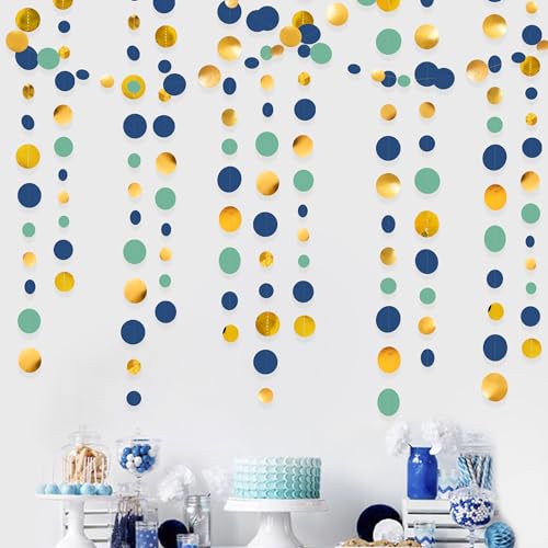 Blue Gold Green Decorations Circle Dots Garland Metallic Gold Navy Blue with Sage Green Hanging Polka Dot Streamer for Birthday Bridal Shower Wedding Bachelorette Engagement Party Supplies