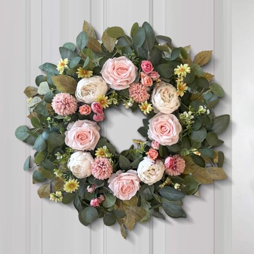 24 Inch Spring Peony Wreath Pink Rose Front Door Wreath