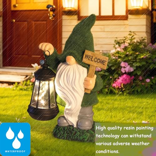 Garden Gnome Statue with Solar Lantern Welcome Sign Outdoor Decor for Porch Lawn Patio Yard Holiday Decorations Housewarming Christmas Decor Gifts for Women