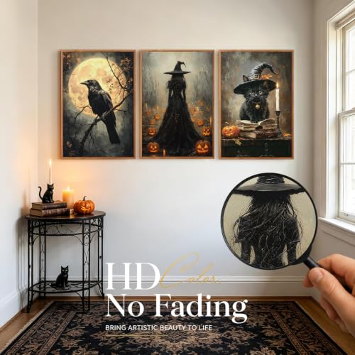 Black Cat Halloween Wall Art Dark Witch Gothic Print Set