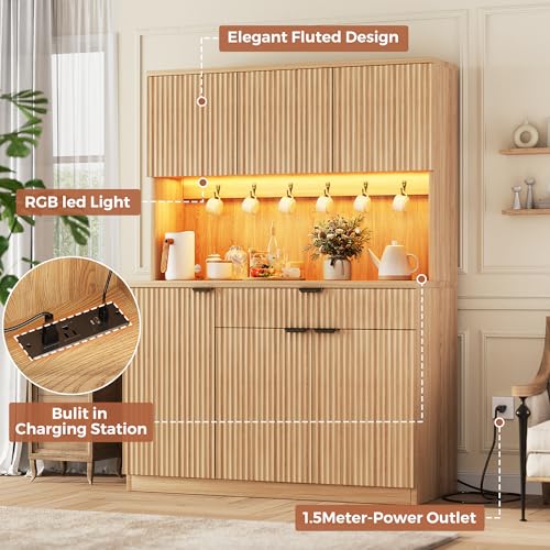 Fluted Kitchen Pantry Storage Cabinet with Charging Station & LED Lights