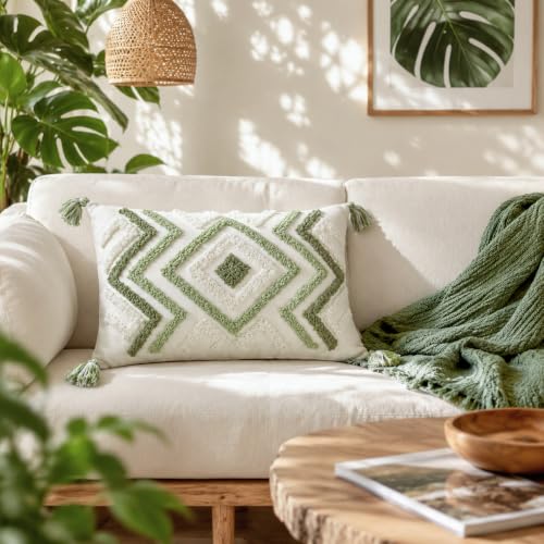 Boho Pillow Covers 12X20 Inch Boho Tufted Throw Pillow Covers Decorative Tassels Cushion Cover Farmhouse Pillow Case for Couch Sofa Bed Living Room Bedroom