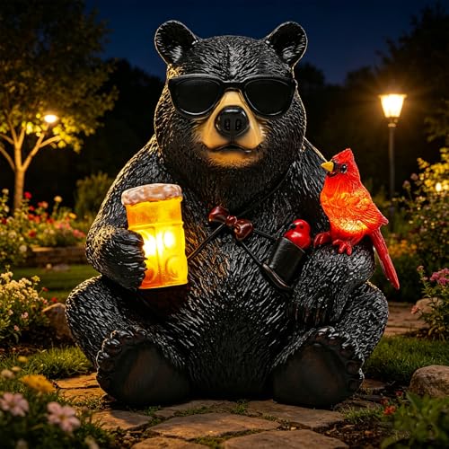 Solar Black Bear Statue for Garden with Beer and Cardinals