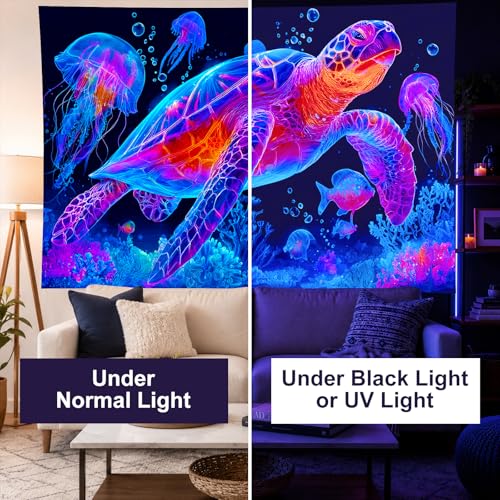 Blacklight Tapestry Turtle Ocean Room Wall Art 78 x 59 Inch