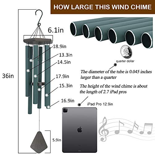 Large Wind Chimes for Outside 36 inch Green Deep Tone Garden Gift Outdoor (6 Count)